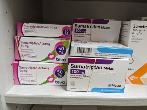 Prague,Czech republic&ndash;May 22 2024:Pharmacy store-Sumatriptan ACTAVIS pills for treatment of migraine and head aches	