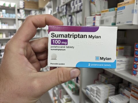 Prague,Czech republic&ndash;May 22 2024:Pharmacy store-Sumatriptan MYLAN and Actavis pills for treatment of migraine and head aches	
