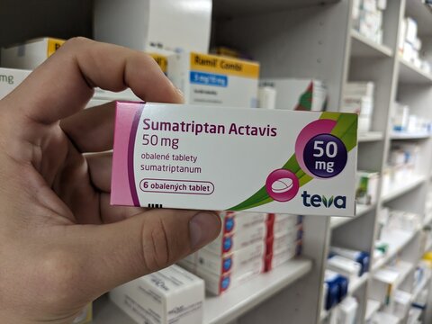 Prague,Czech republic&ndash;May 22 2024:Pharmacy store-Sumatriptan ACTAVIS pills for treatment of migraine and head aches	