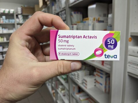 Prague,Czech republic&ndash;May 22 2024:Pharmacy store-Sumatriptan ACTAVIS pills for treatment of migraine and head aches	