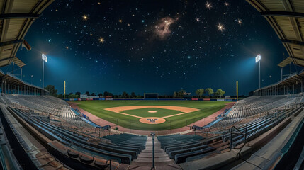 A wide-angle night shot of an empty baseball stadium, capturing the entirety of the stands and field under moonlight, with vast copy space in the starry sky above.