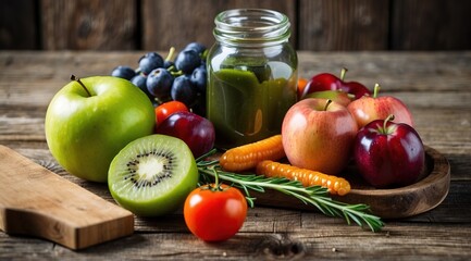Selection of healthy food on rustic wooden background