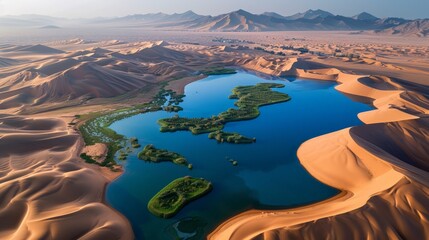 Badain Jaran Desert, massive sand dunes, oasis lakes, unique desert landscape 