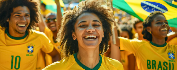 Brazilian football soccer fans in a stadium supporting the national team, Seleção
