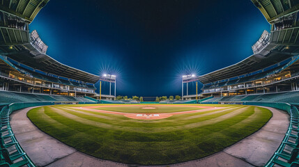 A wide panoramic of an empty baseball stadium at night, focusing on the curvature of the stands and the pristine pitch, with significant copy space in the sky for celestial features.