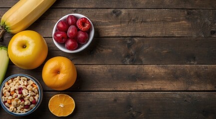 Selection of healthy food on rustic wooden background