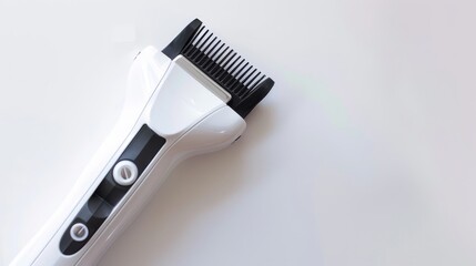 Electric hair clippers, top view, isolated white background, studio lighting emphasizing the precision and quality, ideal for advertising grooming products