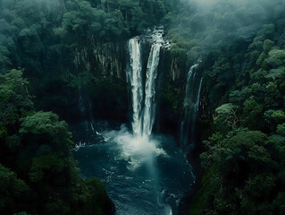 A breathtaking aerial shot of a vast, cascading waterfall surrounded by lush rainforest, showcasing the raw beauty and power of La Nina's impact on the natural world.