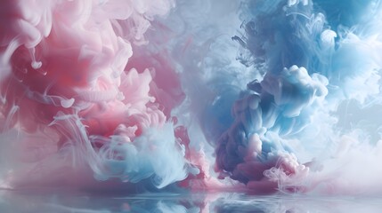 Pastel smoke rings colliding and blending in slow motion, creating an abstract spectacle on a white stage.