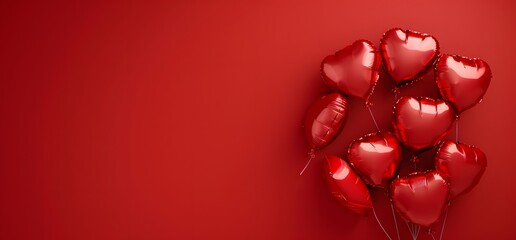Valentine's Day Banner with Red Heart Balloons on Red Background