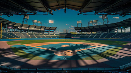 An empty baseball stadium with the field lights casting dramatic shadows across the stands and field, emphasizing the architectural details and providing large copy space above.