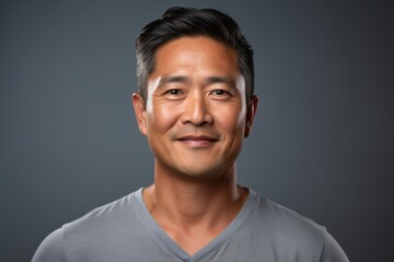 Portrait of a glad asian man in his 40s smiling at the camera over blank studio backdrop