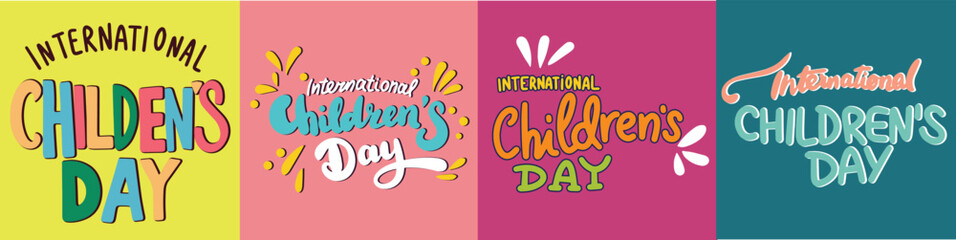 Collection of International Children's Day text banner square composition. Hand drawn vector art.