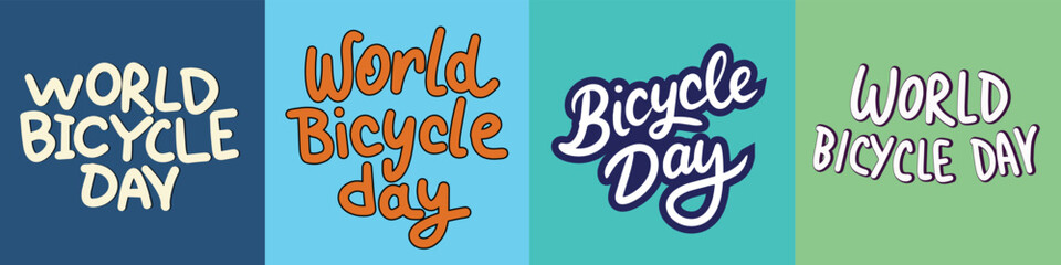 Collection of World Bicycle Day text banner square composition. Hand drawn vector art.