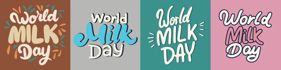 Collection of World Milk Day text banner square composition. Hand drawn vector art.