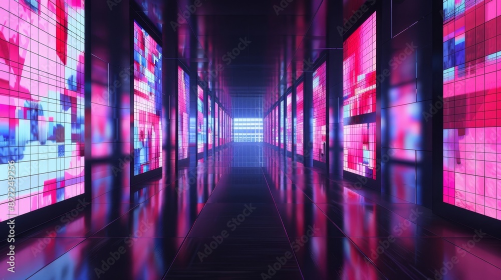 Poster a hallway lined with screens that display constantly changing digital mosaics each one created from 