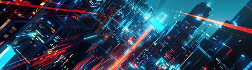 Obraz premium An abstract futuristic cityscape illustration featuring a blend of neon lights and geometric shapes, creating a dynamic and vibrant composition that evokes a sense of innovation and technology