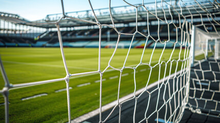 An empty football stadium with the focus on the meticulously maintained goal area, the net perfectly hung and the lines freshly painted, extensive copy space in the background stands.