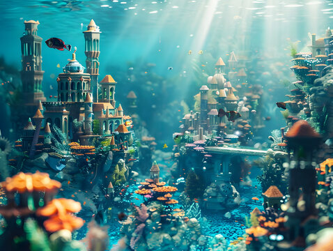 An ancient civilization of merfolk live in an underwater city. The city is made of coral and other sea materials and is located in a deep part of the ocean.