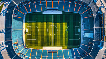 An overhead shot of a football stadium with the stands perfectly symmetrical, focusing on the center circle of the pitch and extensive copy space around the structure.