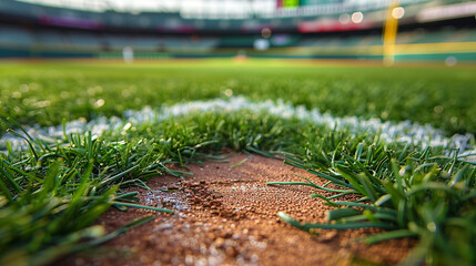 Close-up of the pitcher, mound in a perfectly maintained baseball stadium, with detailed texture of the mound clay and surrounding grass, large copy space in the stands.