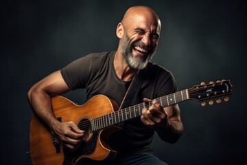 Portrait of a grinning man in his 40s playing the guitar isolated in blank studio backdrop