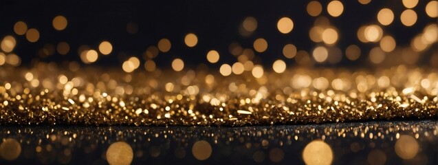 Banner backdrop with dreamy gold and black glitter lights, subtly out of focus for added allure.