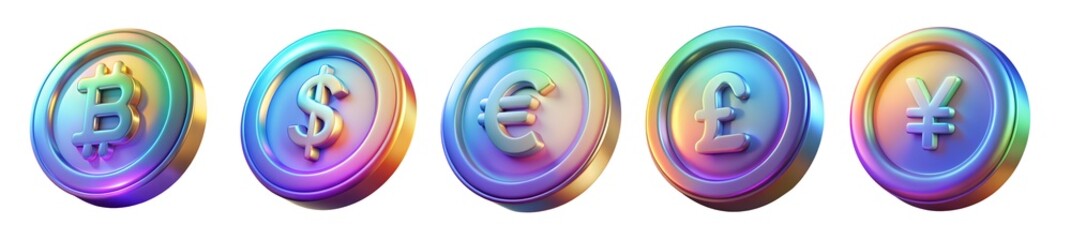 Holographic euro, dollar, bitcoin, Chinese yuan, British pound coin cash money. 3D icon with transparent PNG background