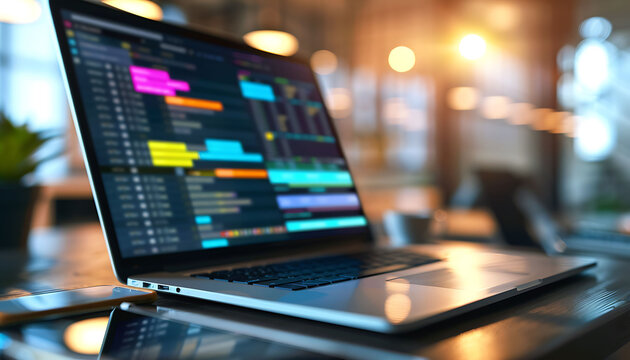 Laptop screen displaying a digital Kanban board with various task stages, used for managing software development projects, highlighting lean project management principles