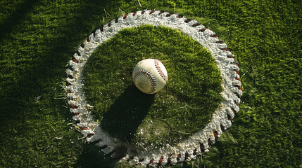 Dramatic overhead shot of a baseball lying on second base, with the surrounding diamond dirt meticulously raked and ample copy space in the surrounding turf.