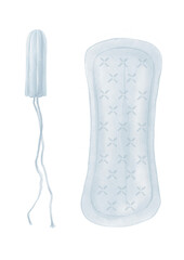 Watercolor illustration of a menstrual tampon and critical day pads