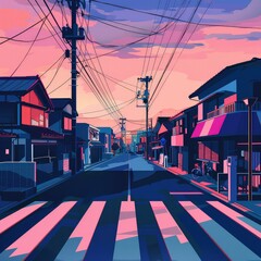 Obraz premium The photo shows a beautiful streetscape of a Japanese town at sunset. The warm colors of the sky and the soft light of the streetlights create a peaceful and relaxing atmosphere.