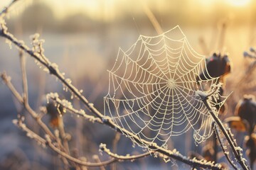 The spider web is glistening in the morning dew.