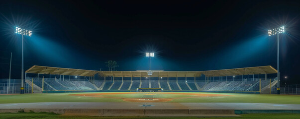 Nighttime view of a grand, empty baseball stadium, the stands and diamond perfectly captured under artificial lighting, creating a lonely yet majestic scene with significant copy space.