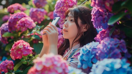 Obraz premium 紫陽花に埋もれて自撮りをする女性 