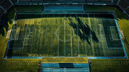 Overhead view of a football field with perfect line markings, focusing on the goal area, with significant copy space in the stands and surrounding area.