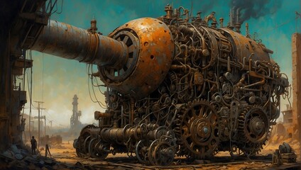 Fototapeta premium A menacing dieselpunk creation emerges, a jumble of mismatched metal and steam-powered contraptions fused together in an ominous collage.