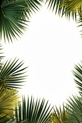 Fototapeta premium White background with palm leaves in the foreground and white sky in the background.