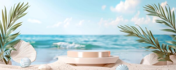 Fototapeta premium A serene beach setup with seashells, palm leaves, and cosmetic bottles, perfect for spa, beauty, or relaxation themes.