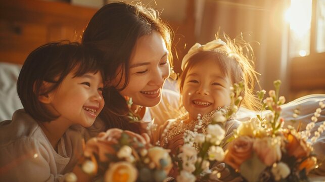 Happy siblings surprising their mother with a homemade birthday breakfast in bed, their faces glowing with warmth and affection as they present her with flowers and cards.
