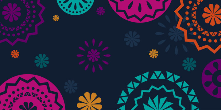 Hispanic heritage month background. Vector banner, poster for social media, networks. Greeting card with copy space. National Hispanic heritage month, Papel Picado pattern on black background