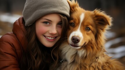 Smiling young woman in a beanie hat poses with her Australian Shepherd dog during autumn