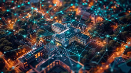 A holographic image of a university building surrounded by a web of interconnected nodes representing the decentralized nature of blockchain technology.