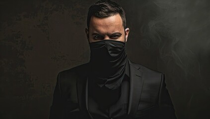 Fototapeta premium Mysterious Man in Black Mask and Suit