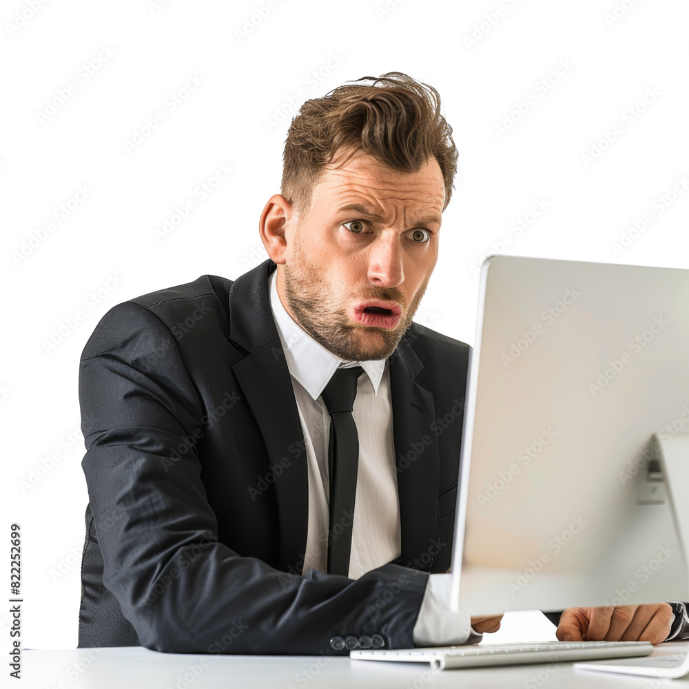 Poster a man in a suit is sitting at a desk with a computer monitor in front of him , isolated on transpare