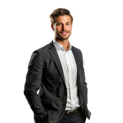 Fototapeta premium A man in a suit and tie is smiling for the camera , isolated on transparent background