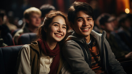 Fototapeta premium A young couple smiling happily while watching a film in a theater