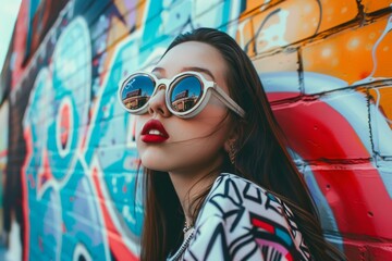 Stylish Woman Posing Against Colorful Street Graffiti
