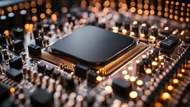 Digital Data moving on Circuit Board and CPU loop backgrounds. Computer Processing and organizing data. Abstract high tech Artificial intelligence, data mining, modern computer technology surface