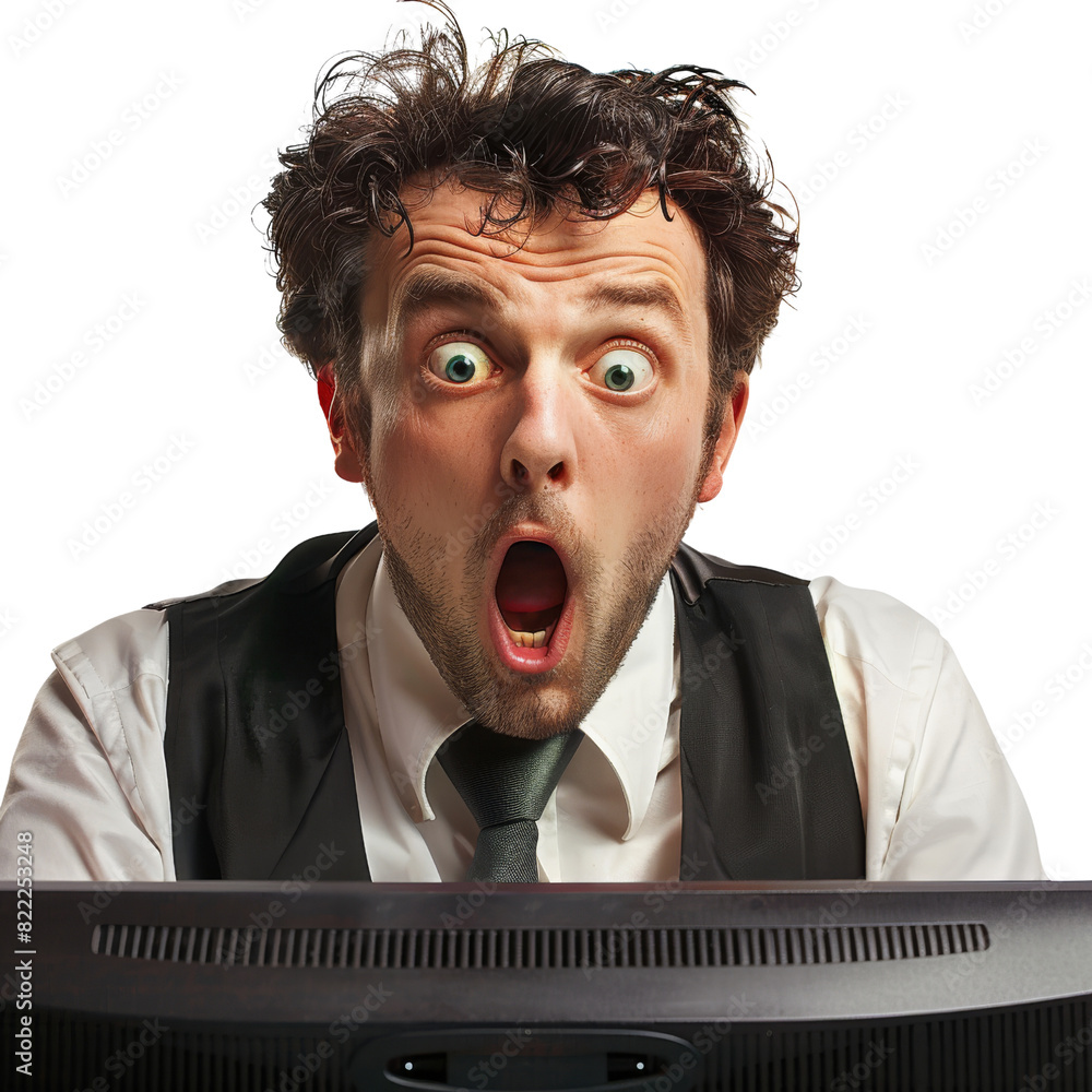 Poster a man with a surprised expression is sitting in front of a computer monitor , isolated on transparen